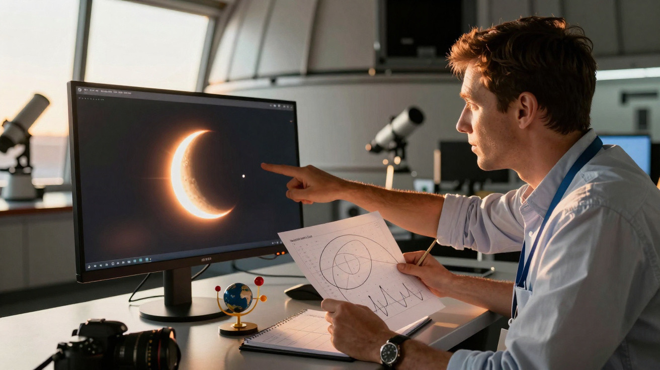 Astrônomo em laboratório analisando imagem de eclipse lunar no computador e gráficos em papel.