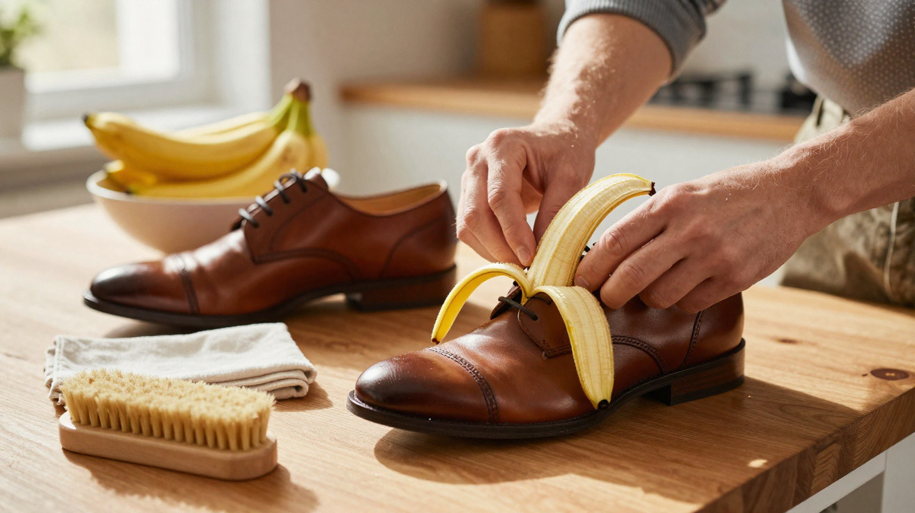 Mãos colocando uma banana descascada dentro de um sapato social marrom sobre uma mesa de madeira.