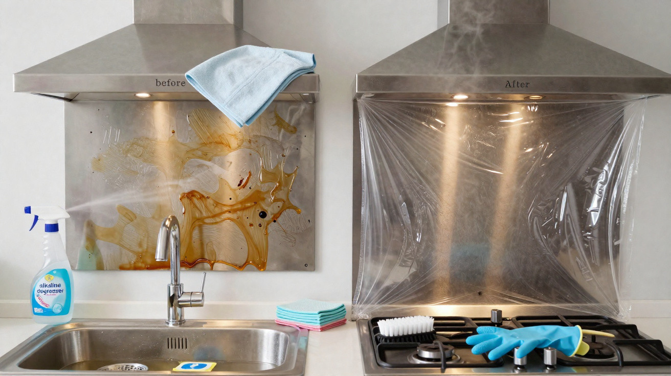 Área de cozinha com coifa de metal, metade suja e metade protegida por plástico transparente.