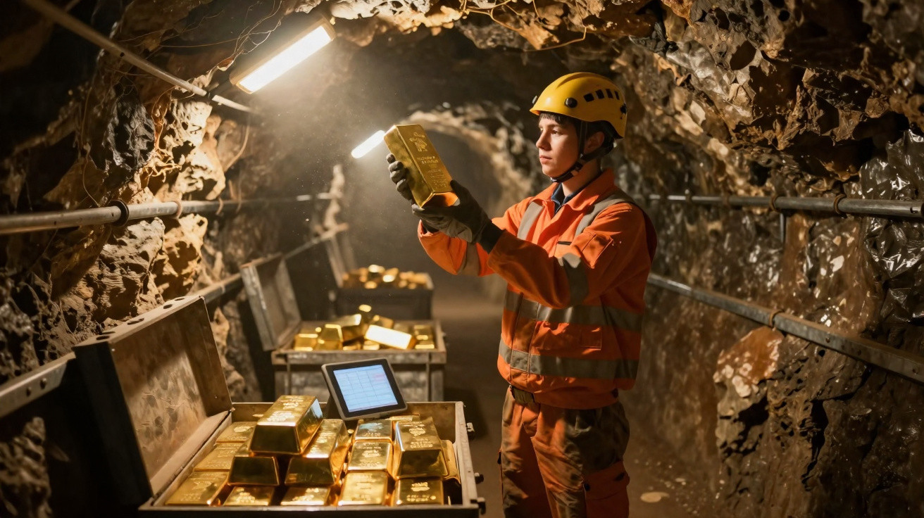 Mineiro de capacete e roupa laranja inspeciona barra de ouro dentro de mina subterrânea iluminada.