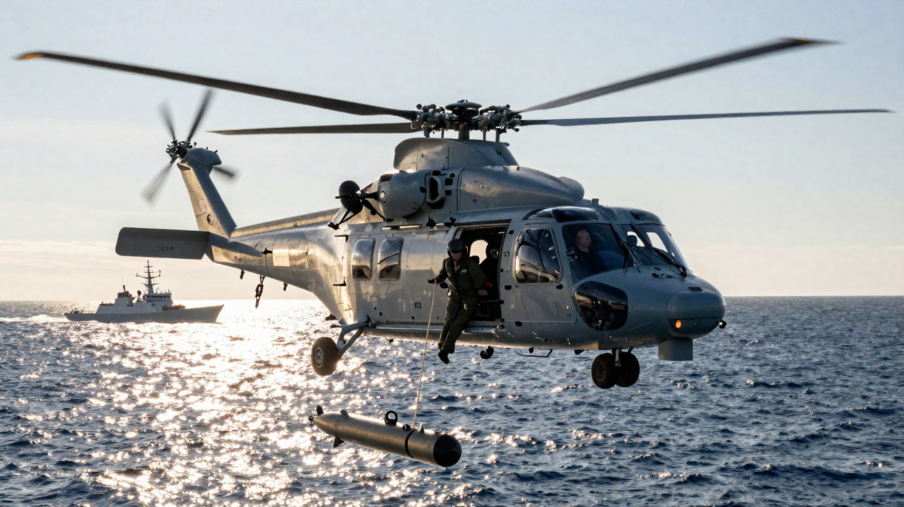 Helicóptero militar cinza pairando sobre o mar com um torpedo suspenso e um navio ao fundo.