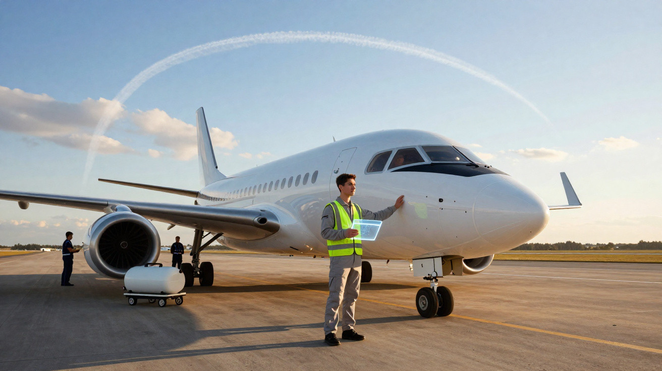 Avião branco parado em pista com técnicos em inspeção durante o dia, céu azul com nuvens.