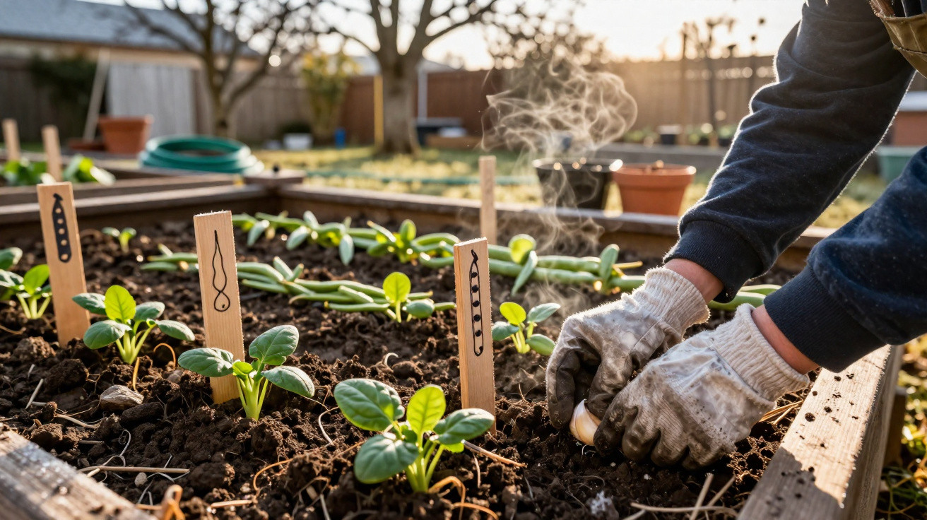 Pessoa plantando vegetais em canteiro com luvas, etiquetas de madeira e fumaça ao fundo em jardim ensolarado.