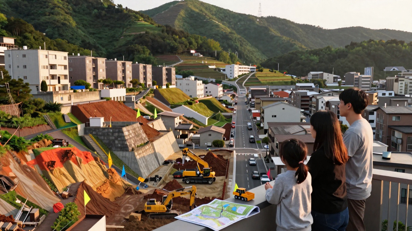 Família observa construção em área residencial com morros verdes ao fundo durante o dia.