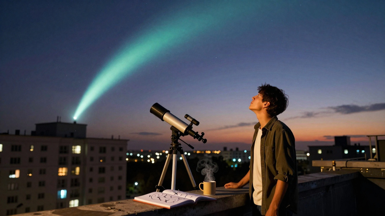 Jovem observando o céu noturno com telescópio, livro de astronomia e caneca em varanda urbana.