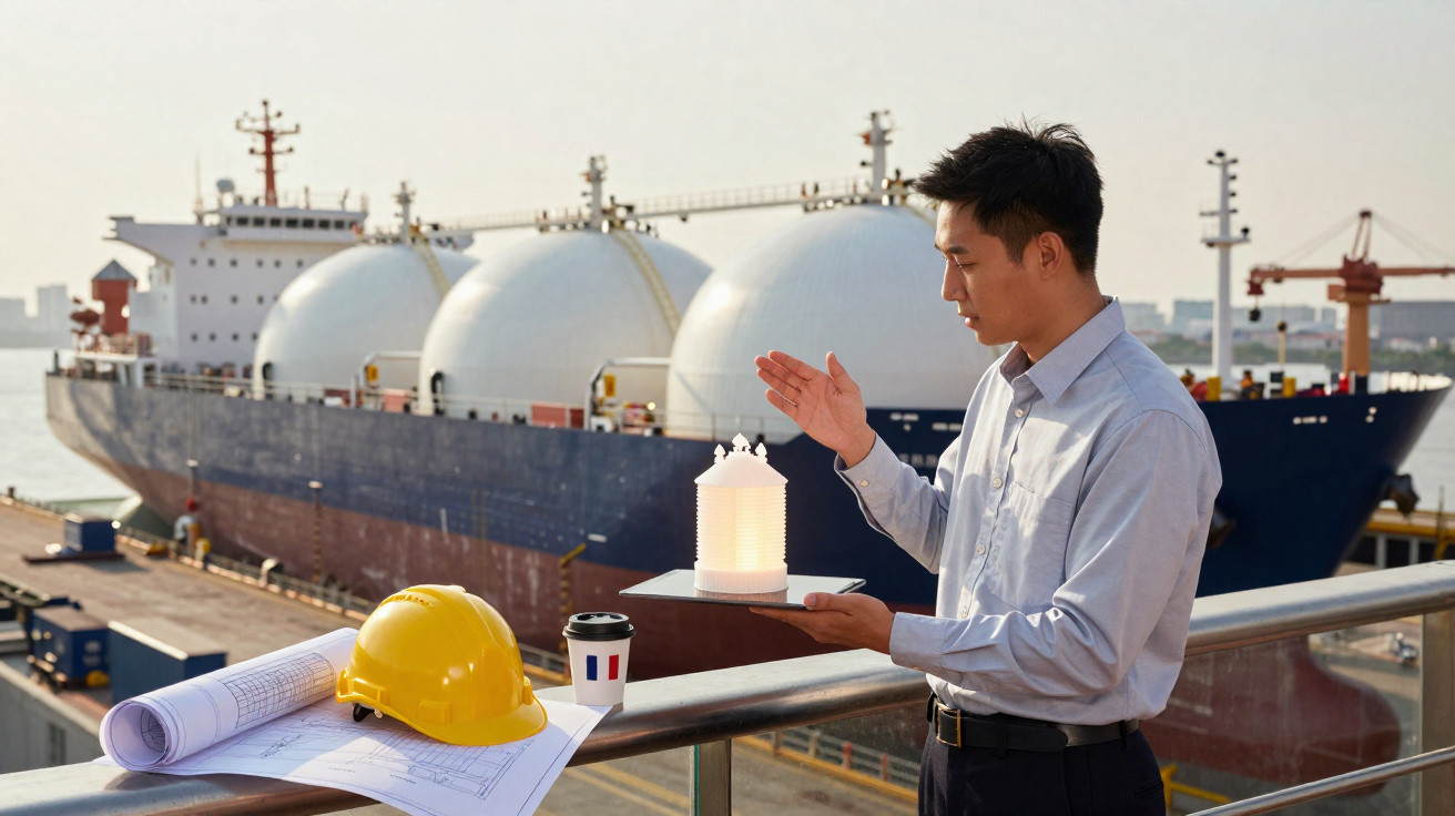 Homem com maquete de planta industrial, casco de capacete e navio de transporte de gás ao fundo.