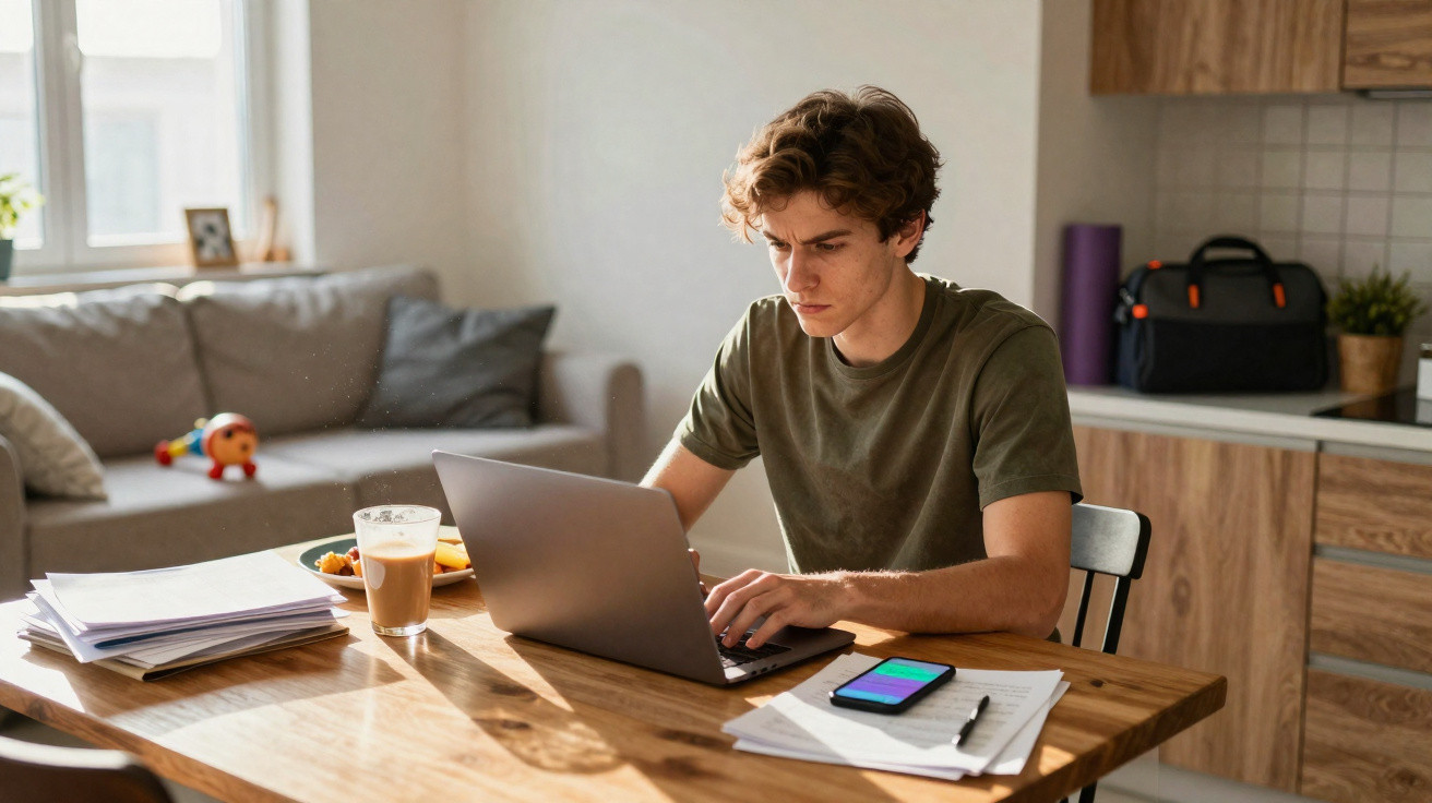 Jovem concentrado usando laptop em mesa com documentos, celular e copo de café em ambiente doméstico.