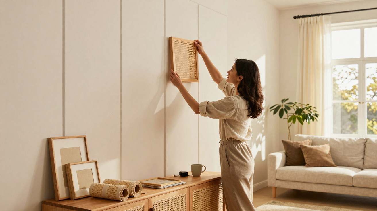 Mulher pendura quadro de palha em parede clara em sala iluminada com sofá e plantas.