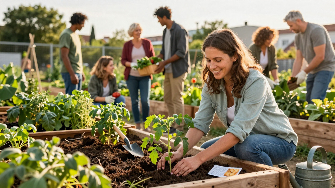 Mulher plantando muda em horta comunitária com outras pessoas cuidando de plantas ao fundo.