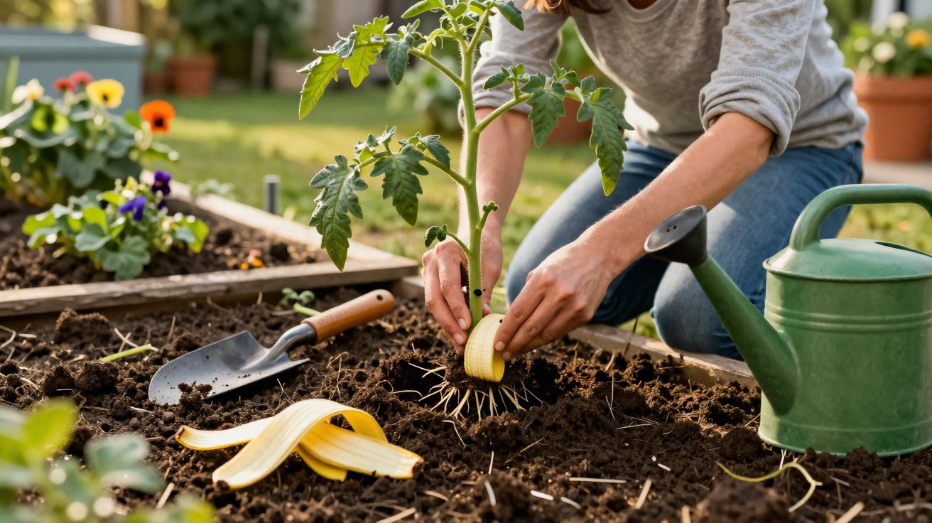 Pessoa aplicando casca de banana como adubo ao plantar tomate em jardim com regador e pá ao lado.