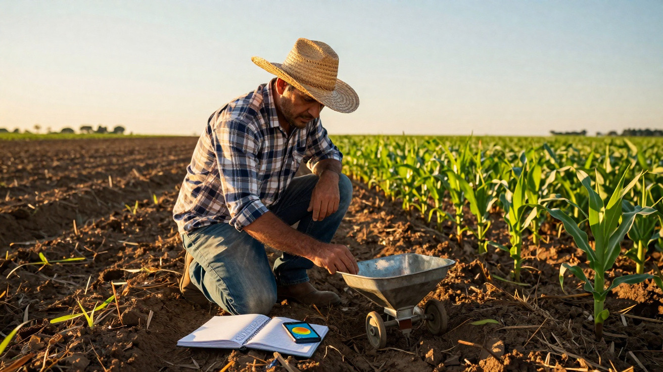 Agricultor com chapéu verificando equipamento de plantio em plantação de milho ao entardecer.