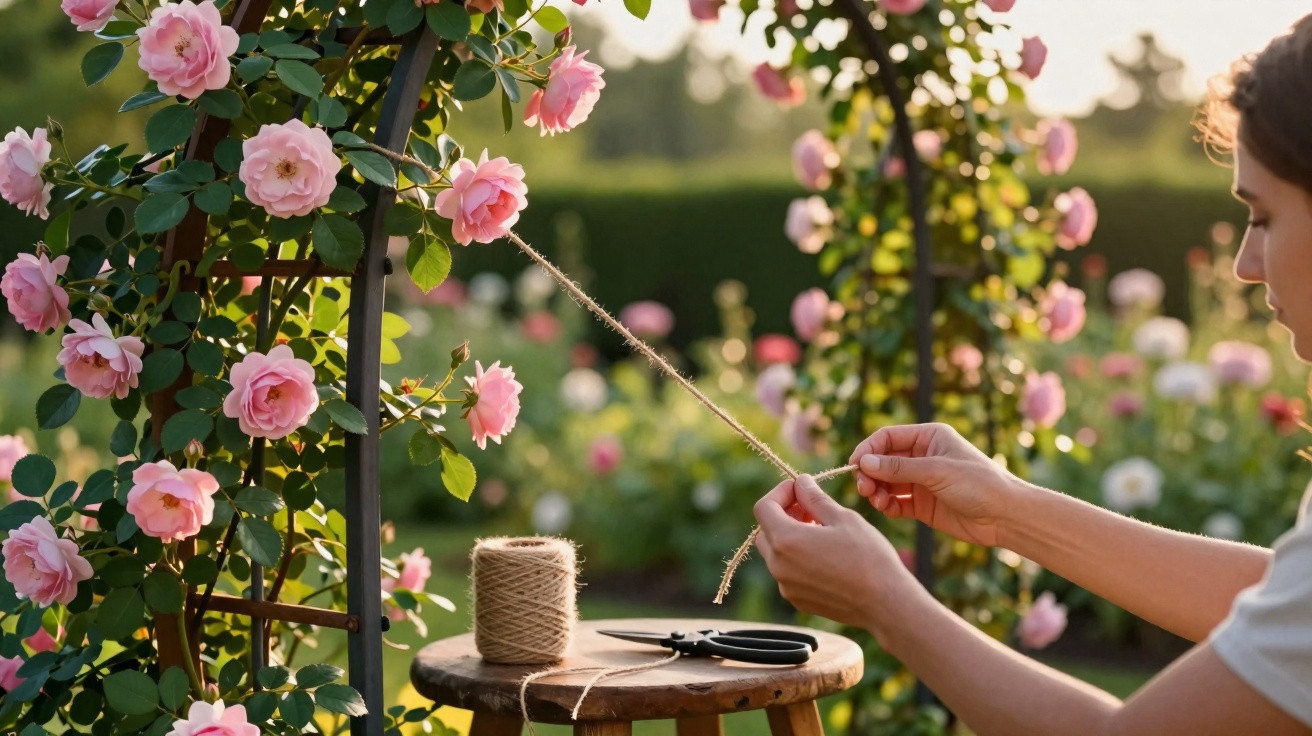 Pessoa amarrando flores de rosas rosas em estrutura de jardim com corda, ao lado de tesoura e novelo de corda.