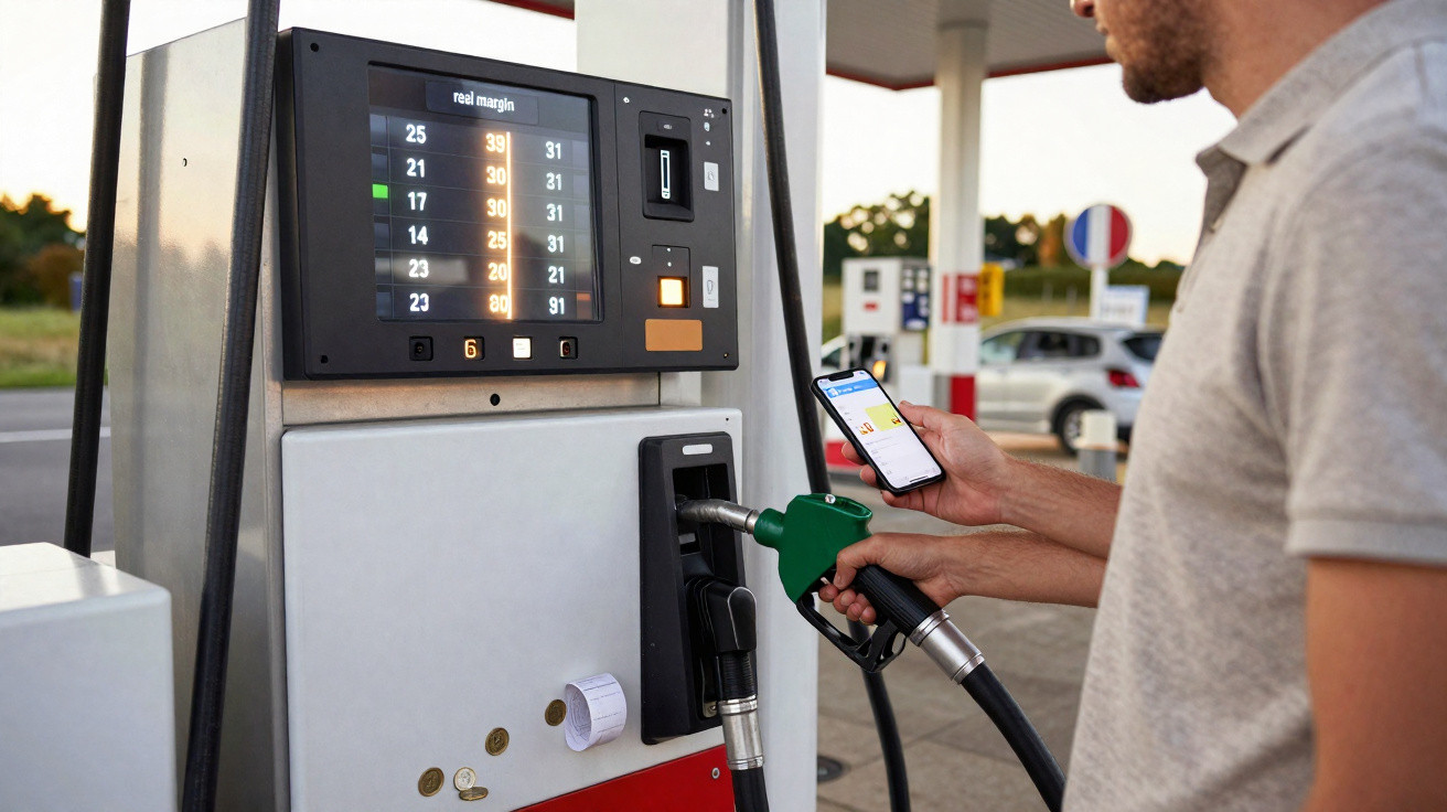 Homem abastecendo carro e segurando celular em posto de gasolina ao entardecer.