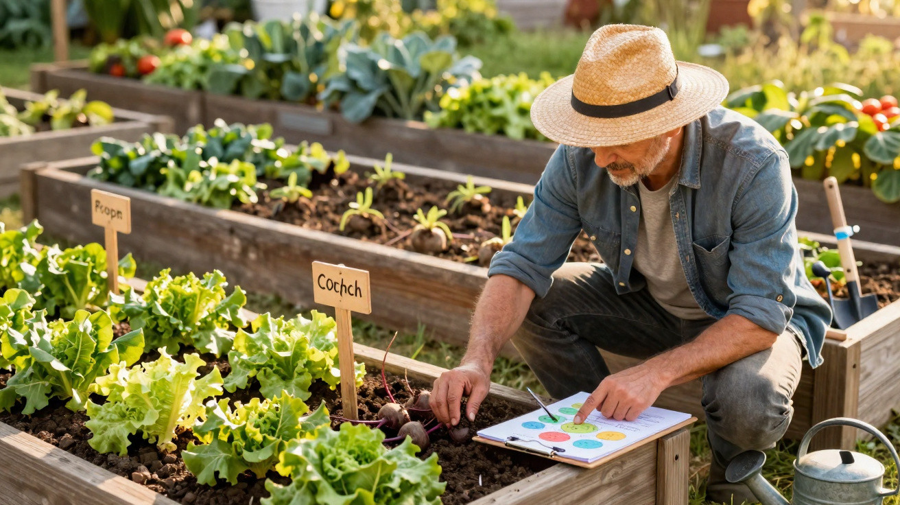 Homem com chapéu cuida de plantas em canteiros elevados em horta ensolarada, consultando gráfico em prancheta.