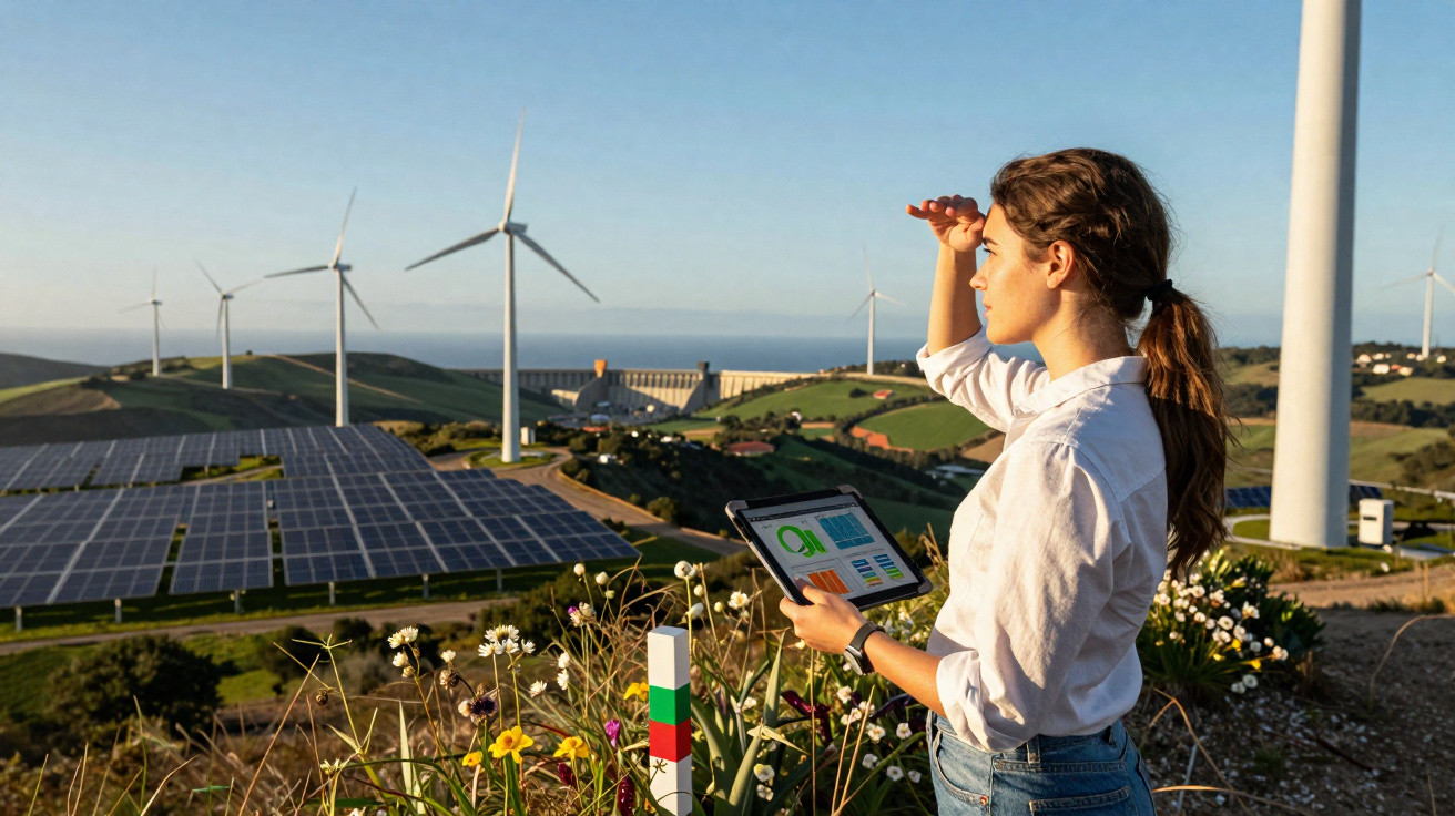 Mulher com tablet observa turbinas eólicas e painéis solares em paisagem rural ensolarada.