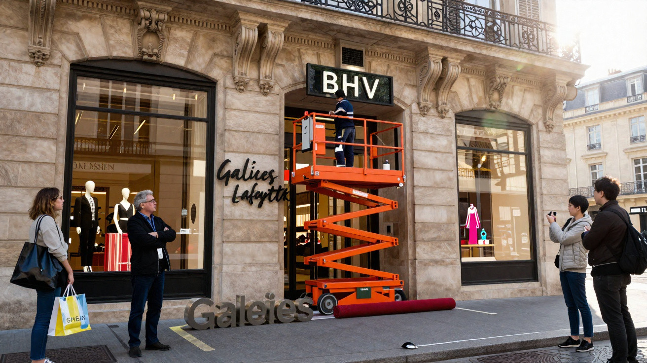 Funcionário em plataforma elevatória instala placa "BHV" em fachada de loja Galeries Lafayette com clientes observando.
