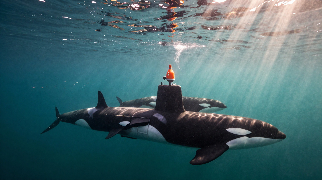 Orcas nadando em grupo, com luz solar filtrando na água abaixo da superfície do oceano.