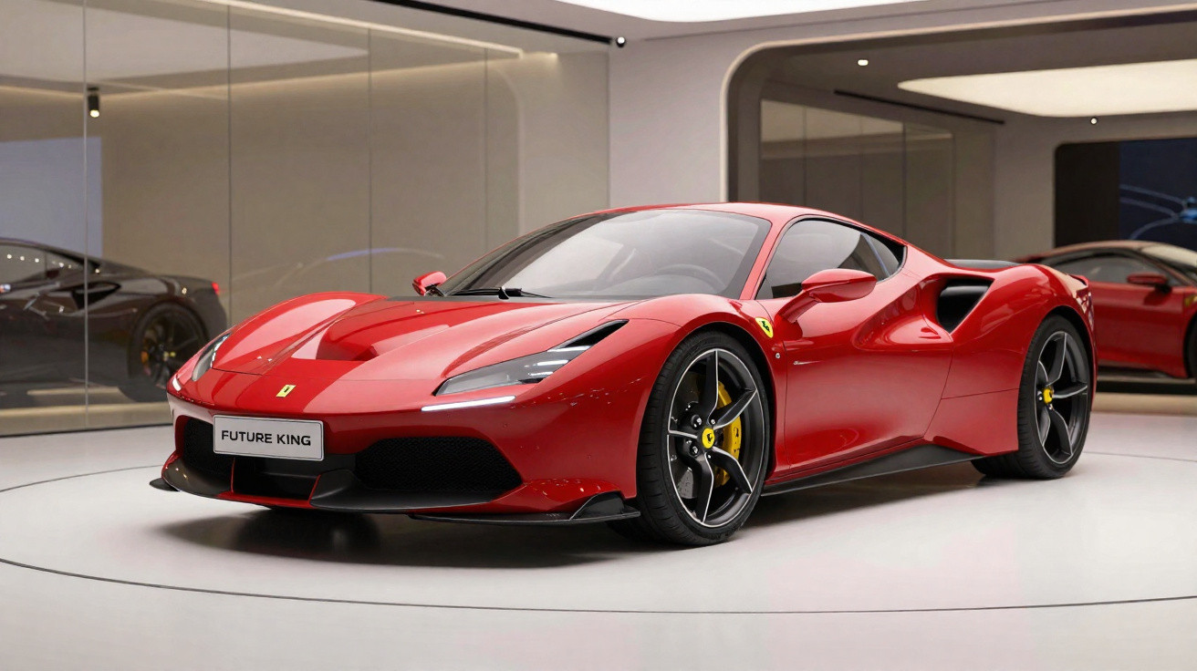 Carro esportivo Ferrari vermelho brilhante em exposição moderna com iluminação suave e espelhos.