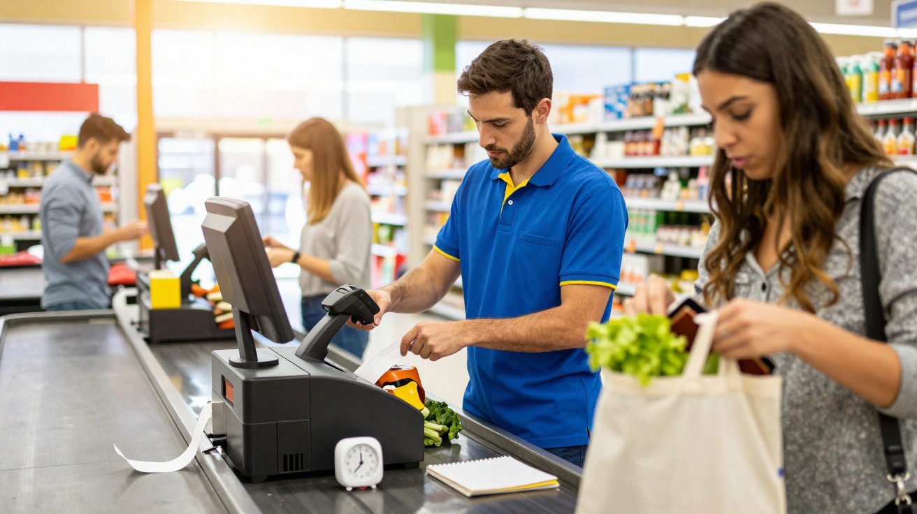 Homem no caixa escaneando mercadorias enquanto clientes aguardam em fila no supermercado.