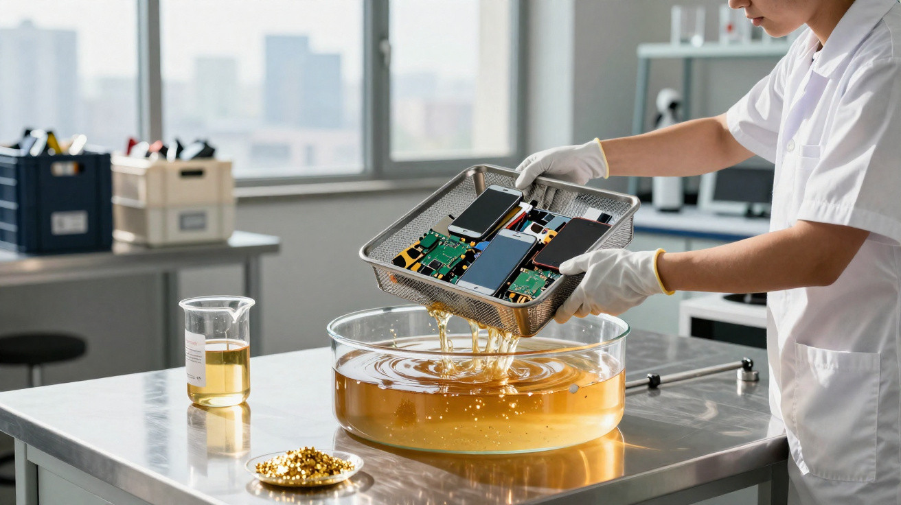 Pesquisador em laboratório submerge componentes eletrônicos em líquido amarelo para teste ou limpeza.