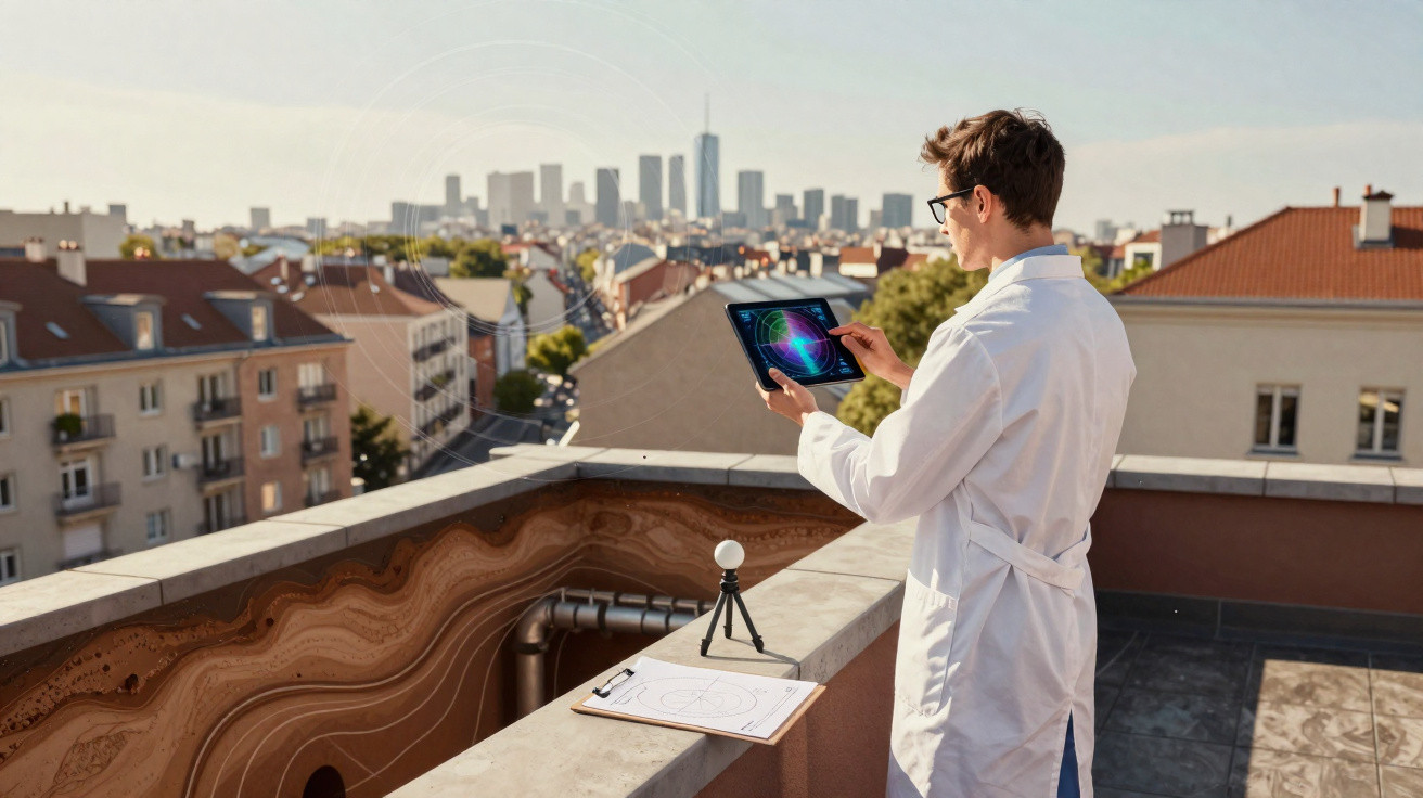 Cientista com jaleco usando tablet para analisar dados em terraço com vista urbana ao fundo.