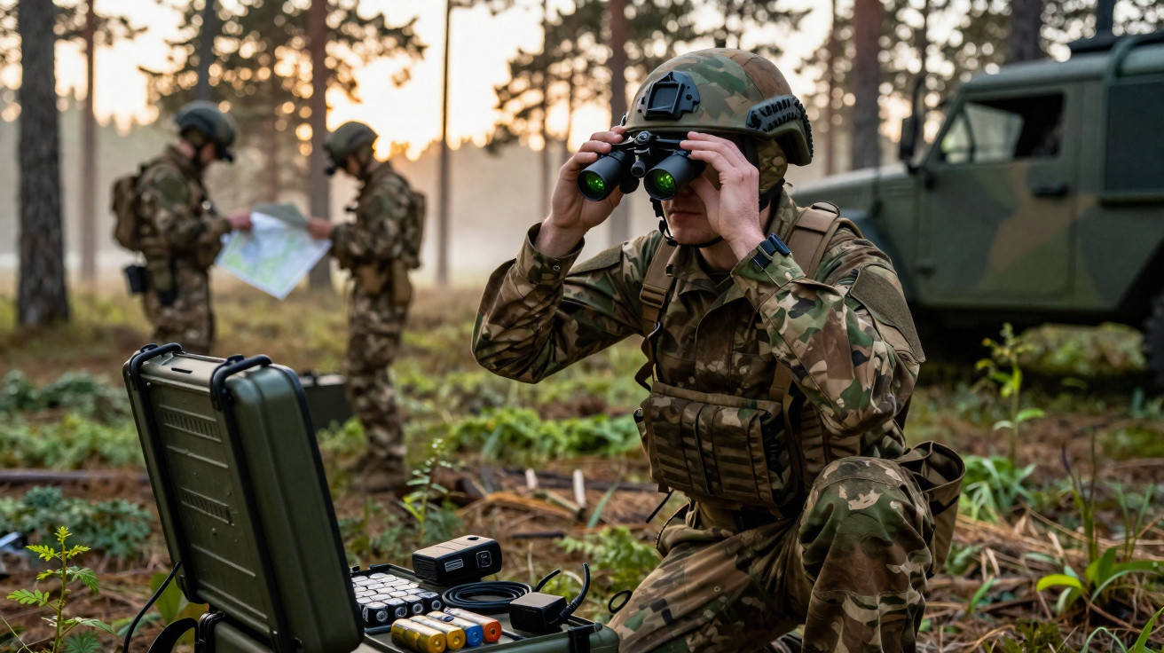 Soldado em uniforme camuflado usando binóculo, com dois companheiros e veículo militar ao fundo em área arborizada.