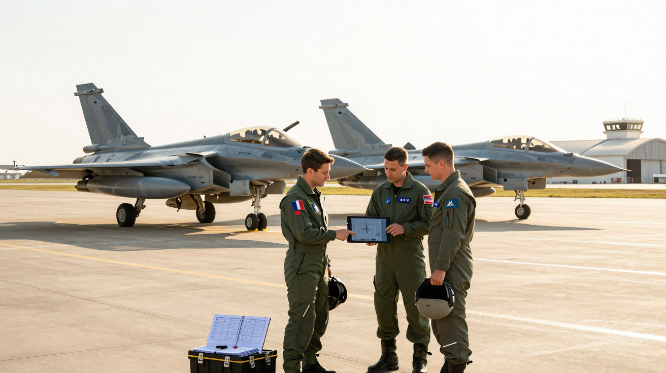 Três pilotos militares conversam ao lado de dois caças estacionados em base aérea durante o dia.