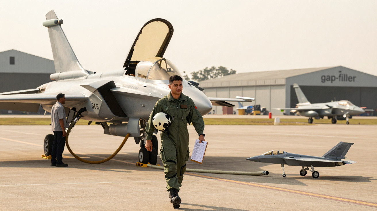 Piloto em macacão verde caminha na pista de pouso próximo a jato de combate e miniatura de avião militar.