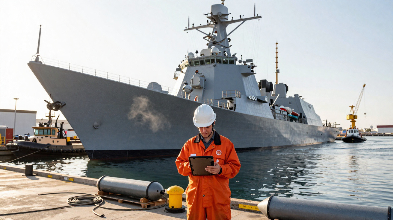 Homem com macacão laranja e capacete branco checa tablet no cais em frente a um grande navio de guerra cinza.