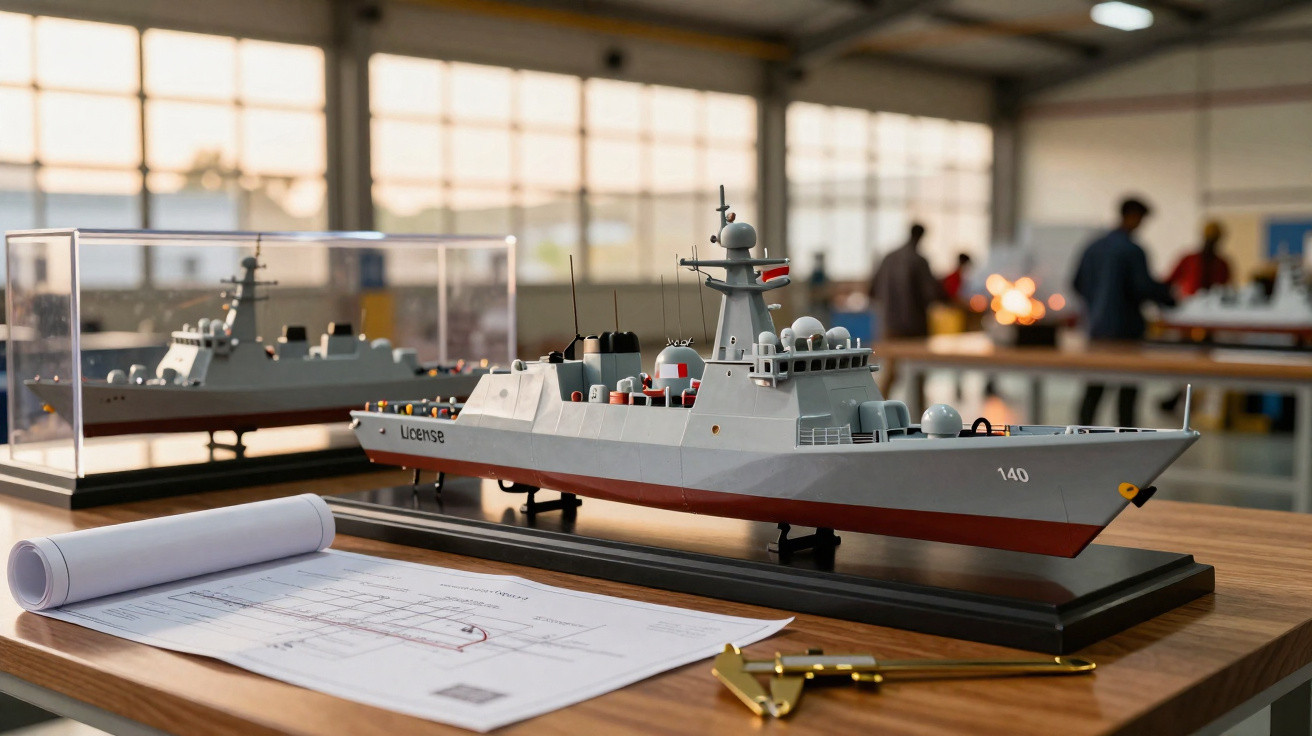 Modelo detalhado de navio militar cinza com número 140 em mesa de escritório com plantas e pessoas ao fundo.