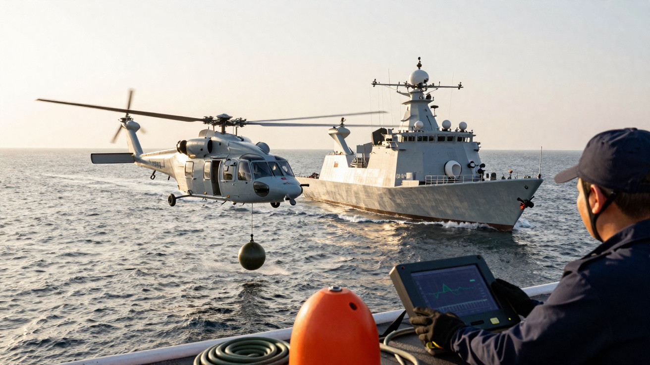 Helicóptero realizando operação com esferas próximas a navio de guerra, com marinheiro controlando equipamento.