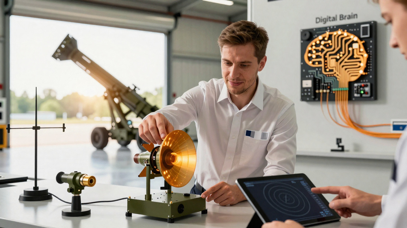 Homem trabalhando com equipamento óptico em laboratório de pesquisa tecnológica com cérebro digital ao fundo.