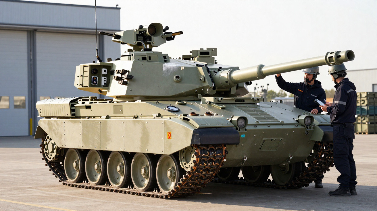 Tanque de guerra verde com duas pessoas em uniforme militar ao lado em pátio industrial.