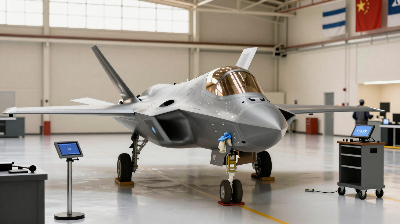 Avião de caça furtivo cinza estacionado em hangar com equipamentos e bandeiras ao fundo.