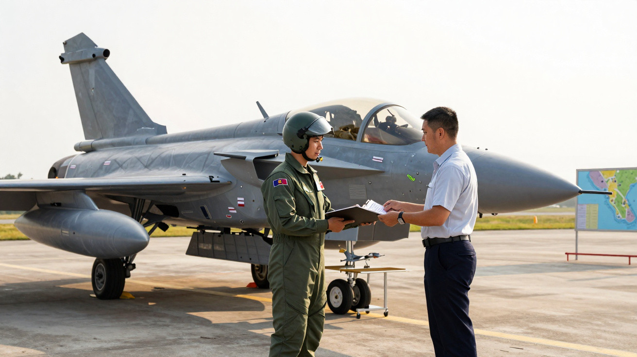 Piloto militar em uniforme verde conversa com oficial civil ao lado de caça cinza em pista de aeroporto.