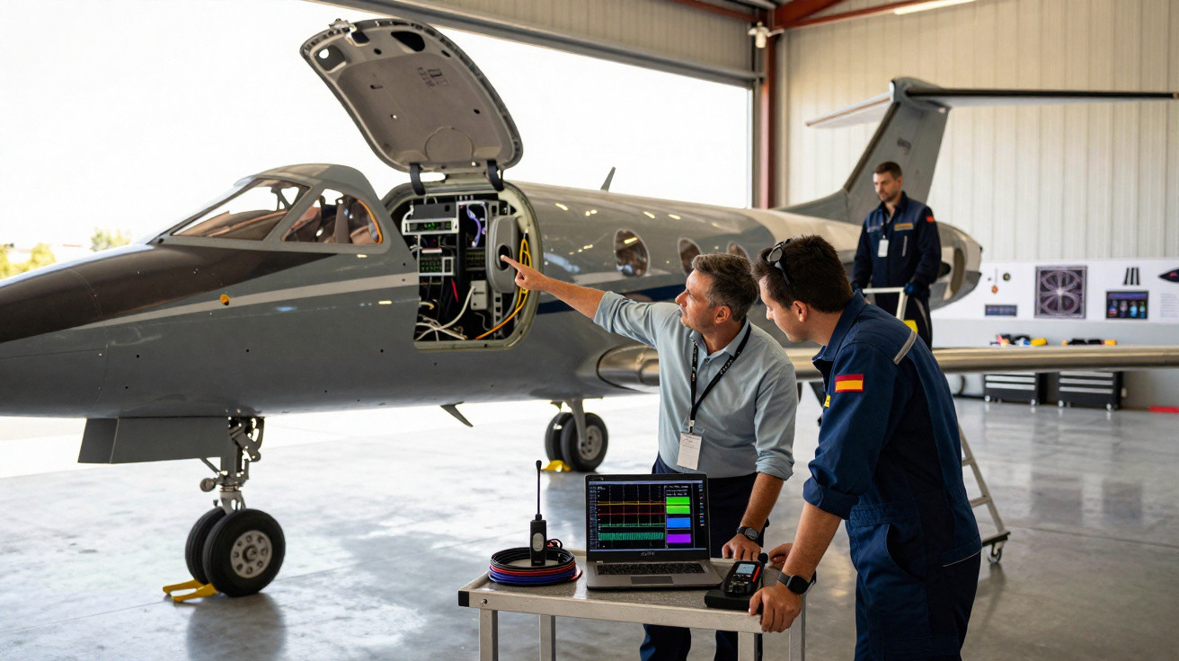 Homens inspecionam e testam equipamentos eletrônicos em avião dentro de hangar.