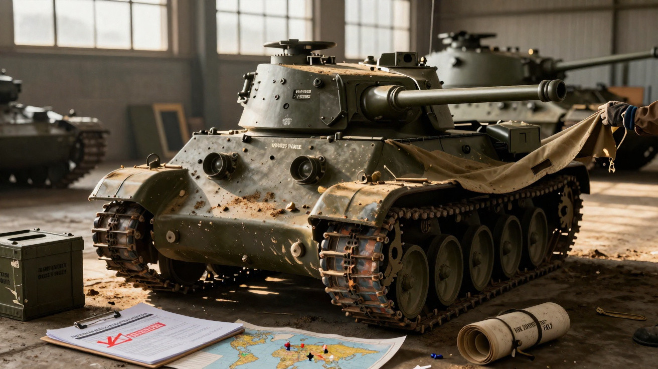 Tanque militar antigo verde em galpão com mapas, documentos e munições no chão ao redor.