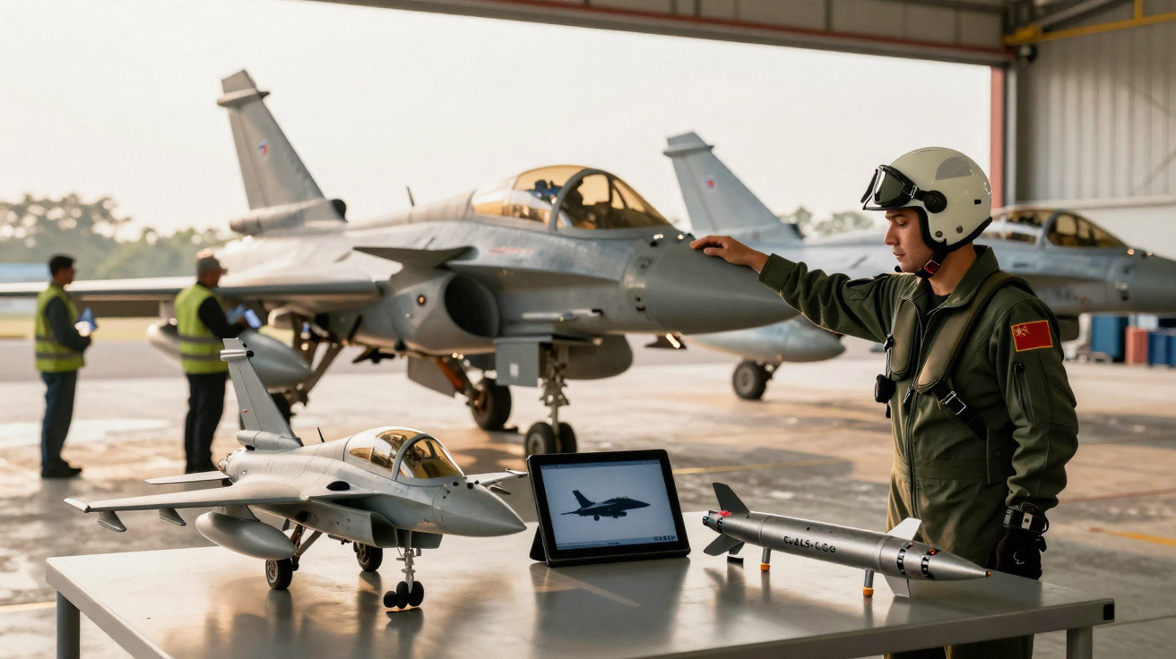 Piloto em uniforme toca modelo de caça em hangar com jatos militares e tablet na mesa ao lado.