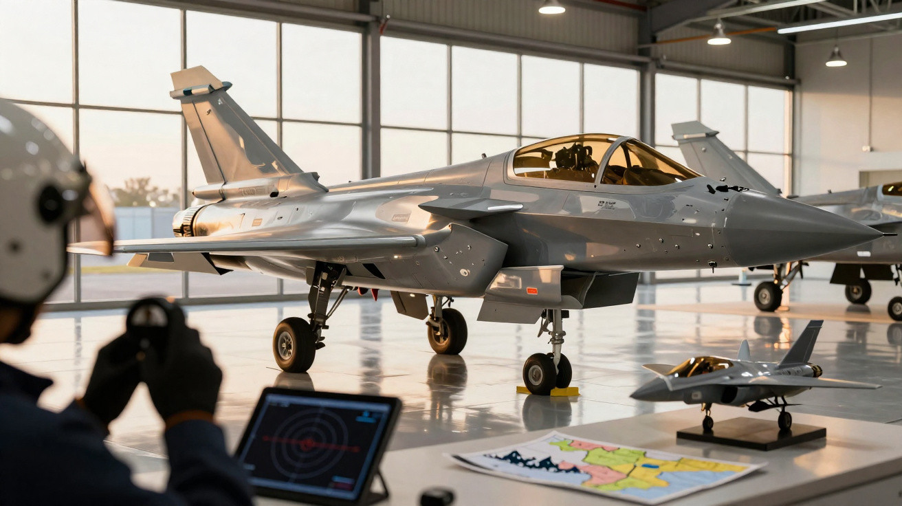 Caça militar cinza em hangar com tripulante observando controle e mapa numa mesa próxima.