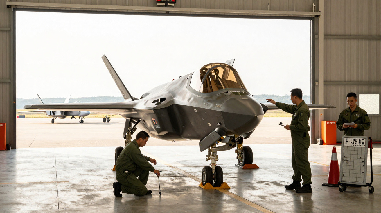 Caça F-35 em hangar com três técnicos em uniformes verdes realizando manutenção e inspeção.
