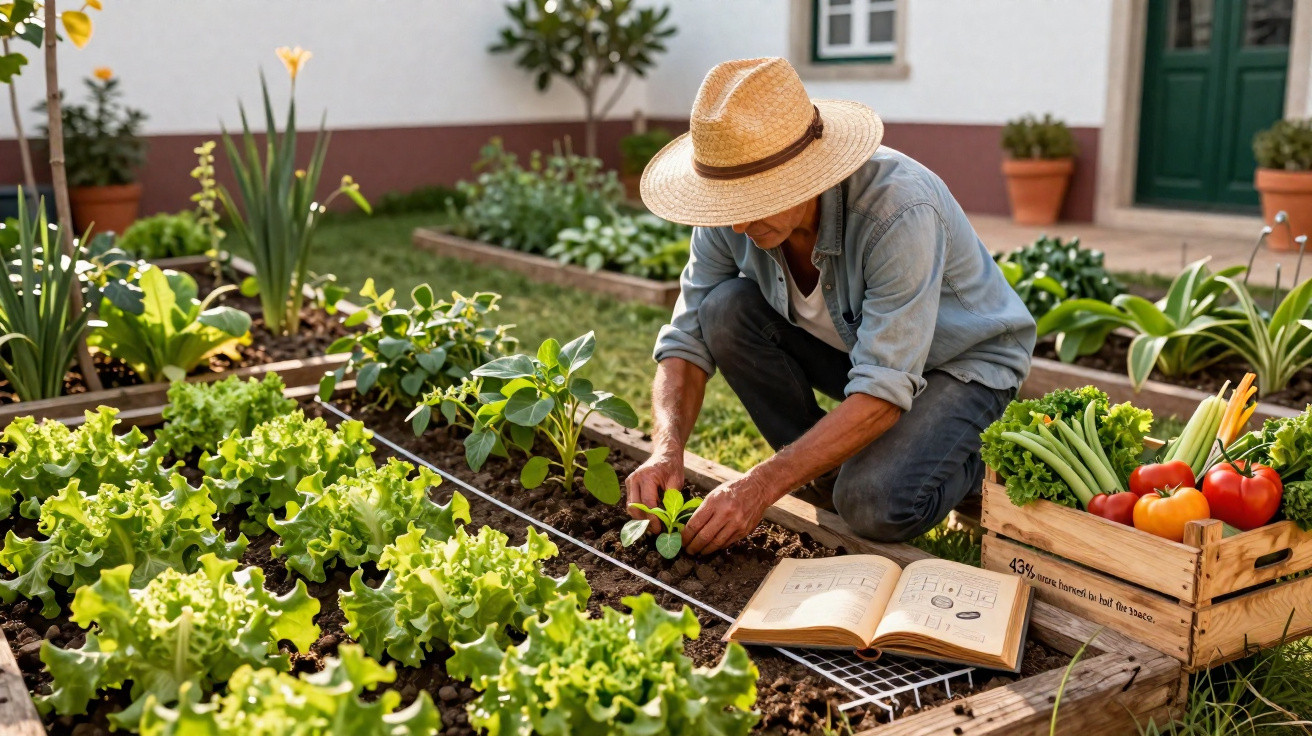 Homem com chapéu cultivando plantas em canteiros de jardim com caixa de verduras ao lado.