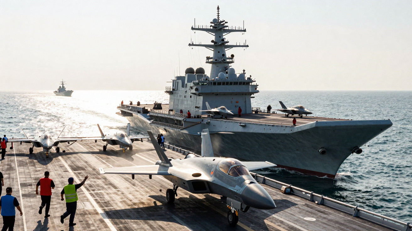 Porta-aviões no mar com aviões de combate e tripulantes em operação no convés.