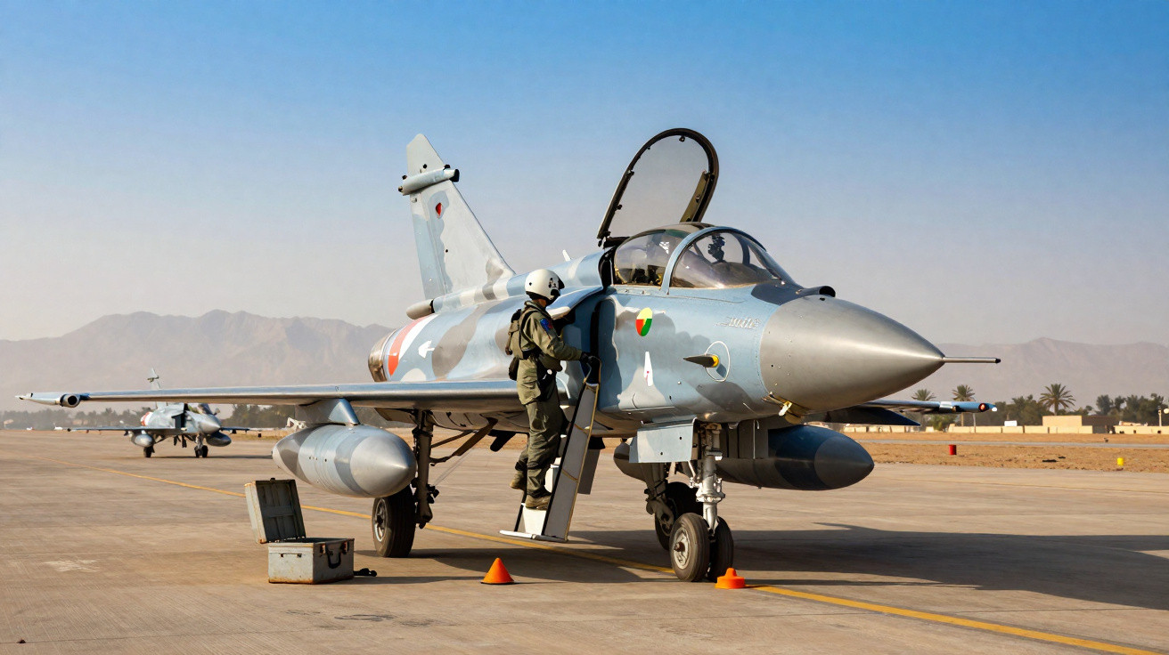 Avião de caça no solo com piloto subindo pela escada em base aérea deserta ao pôr do sol.