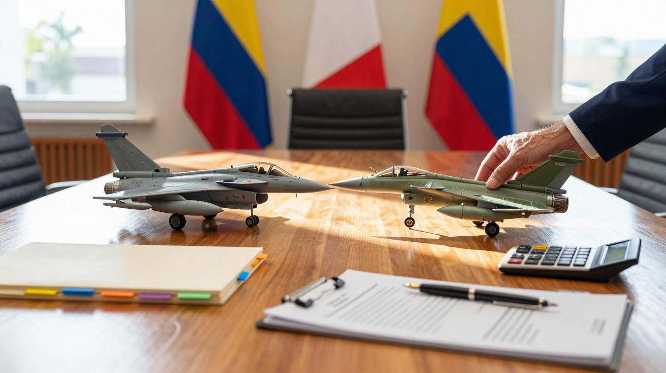 Duas miniaturas de aviões de combate sobre mesa de reunião com documentos, caneta, calculadora e bandeiras ao fundo.