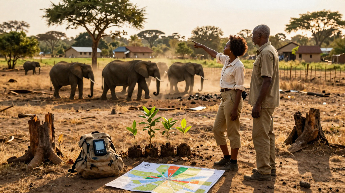 Dois pesquisadores observam elefantes em área de campo aberto com muda de plantas e mapa no chão.