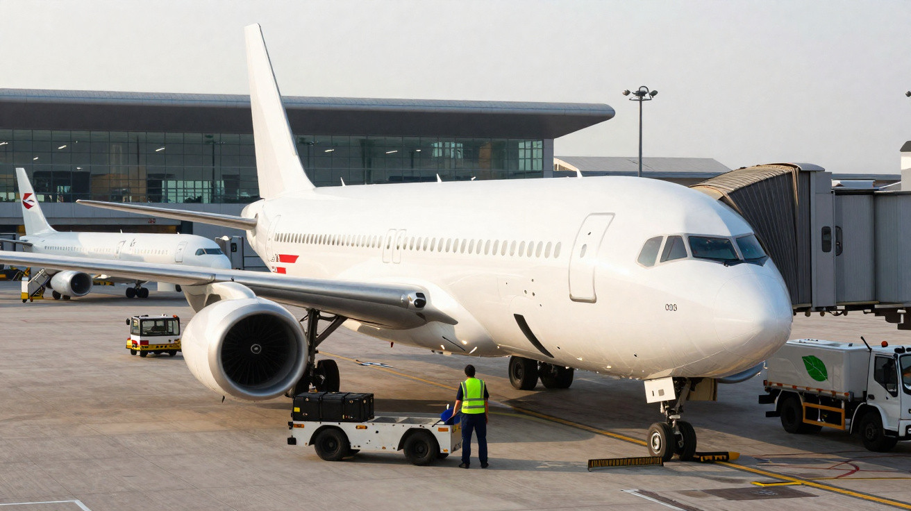 Avião branco estacionado no portão do aeroporto com funcionário em colete amarelo próximo ao veículo de apoio.
