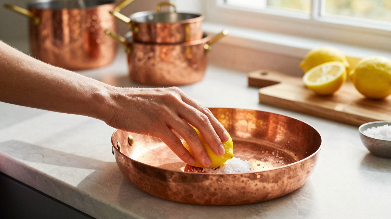 Mão esfregando meio limão com sal em frigideira de cobre em cozinha com panelas e limões ao fundo.