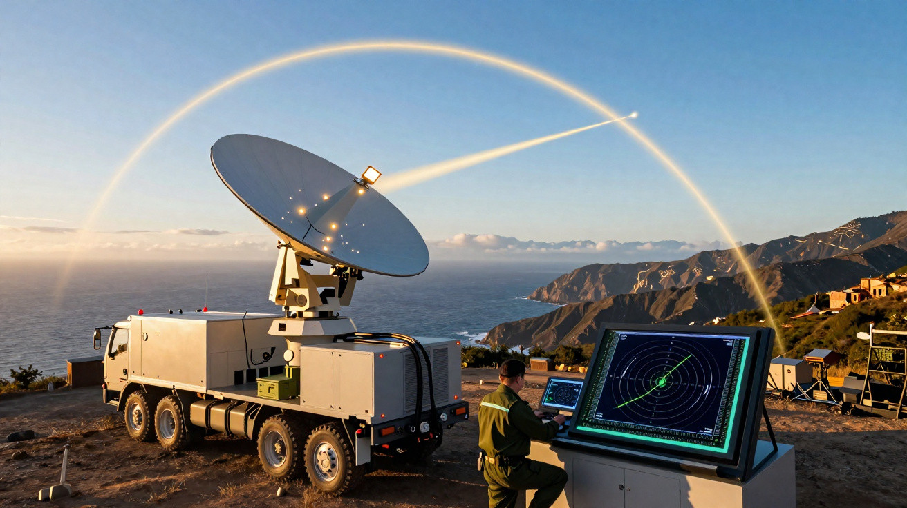 Antena parabólica em caminhão com operador e tela de radar em ambiente montanhoso à beira-mar.