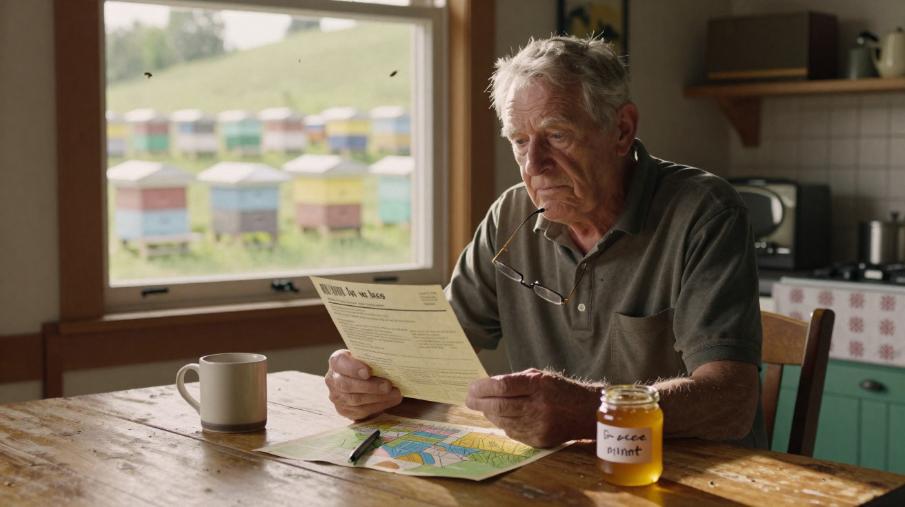 Idoso sentado à mesa lendo um jornal, com pote de mel e colmeias visíveis pela janela.