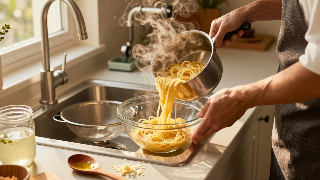 Pessoa escorrendo macarrão quente de panela para tigela de vidro na pia da cozinha.